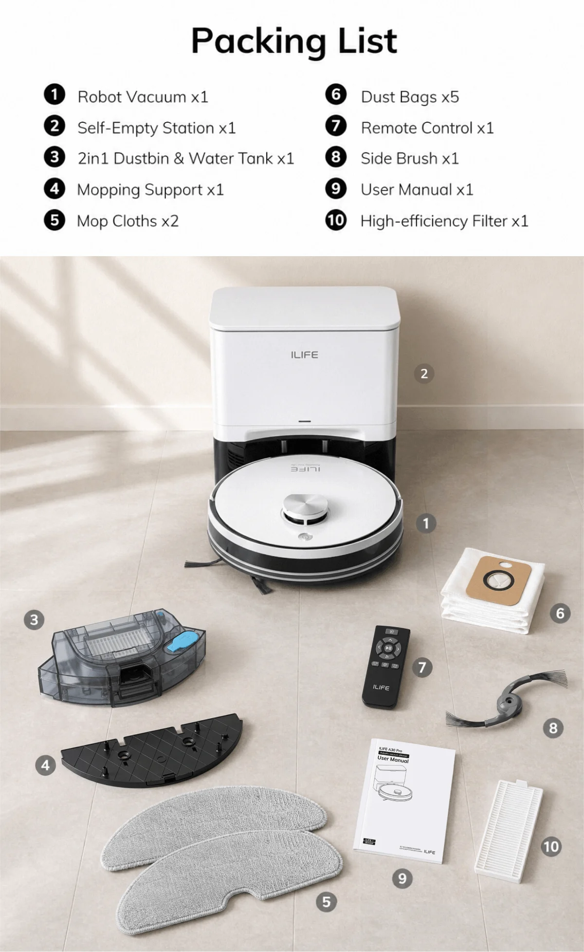 ILIFE A30 Pro Robot Vacuum with Auto-Empty, LDS Navigation, 2-in-1 Vacuum and Mop Function, and App